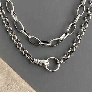 NEW 2 silver layered necklaces, steel NON-TARNISH CHAIN, plated hand edgy street